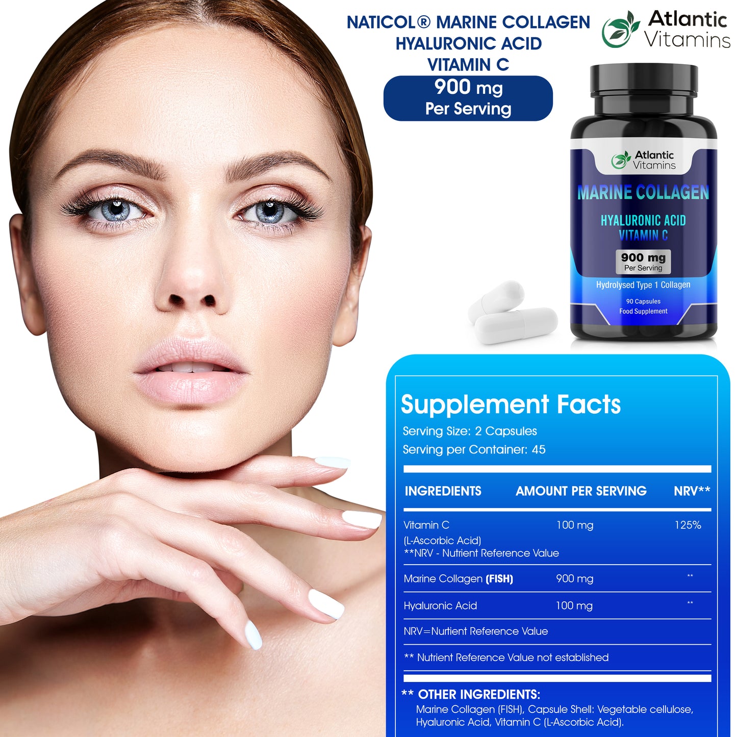 Marine Collagen 900 mg - High Strength 90 Capsules Collagen with Hyaluronic Acid and Vitamin C for Skin, Joints and Hair - Type 1 Hydrolyzed Collagen Supplements for Women & Men - Atlantic Vitamins - UK Made