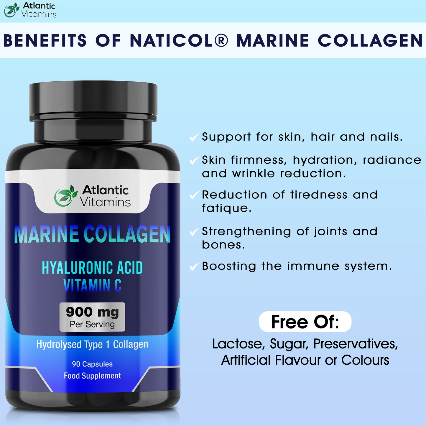 Marine Collagen 900 mg - High Strength 90 Capsules Collagen with Hyaluronic Acid and Vitamin C for Skin, Joints and Hair - Type 1 Hydrolyzed Collagen Supplements for Women & Men - Atlantic Vitamins - UK Made