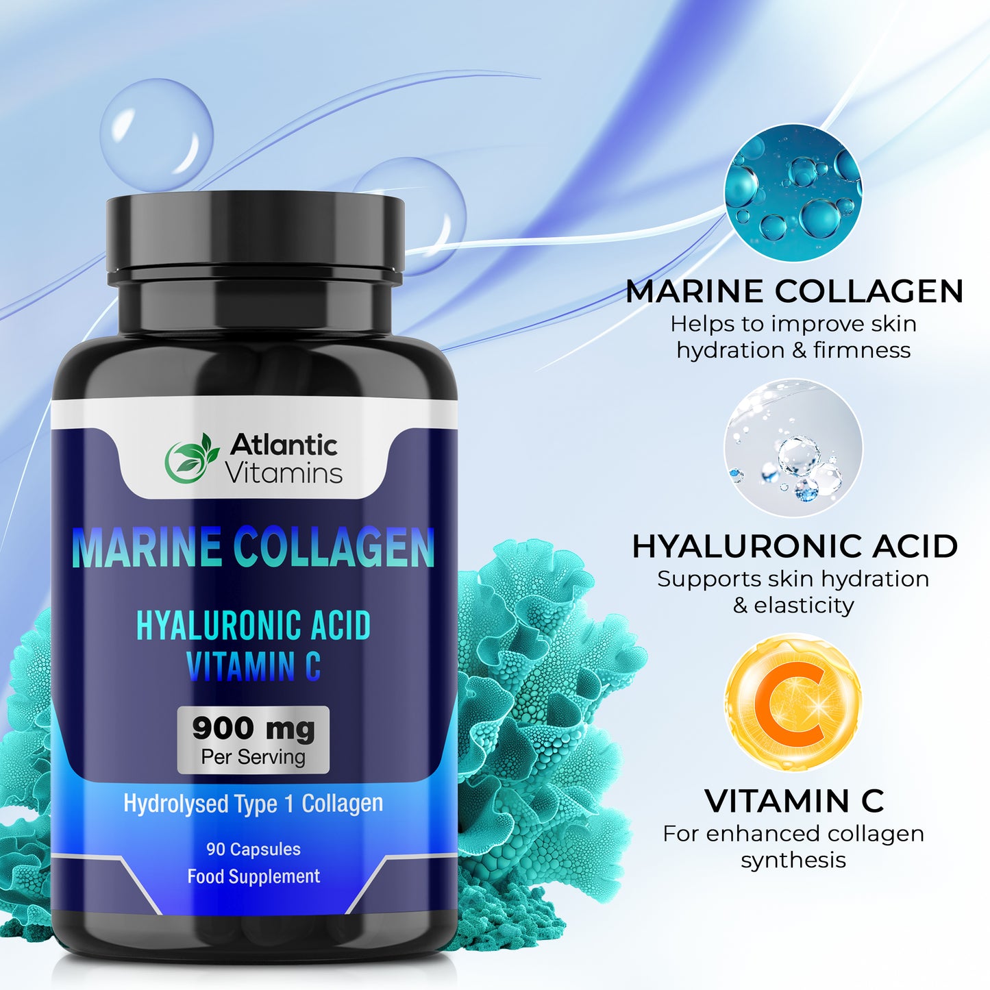 Marine Collagen 900 mg - High Strength 90 Capsules Collagen with Hyaluronic Acid and Vitamin C for Skin, Joints and Hair - Type 1 Hydrolyzed Collagen Supplements for Women & Men - Atlantic Vitamins - UK Made