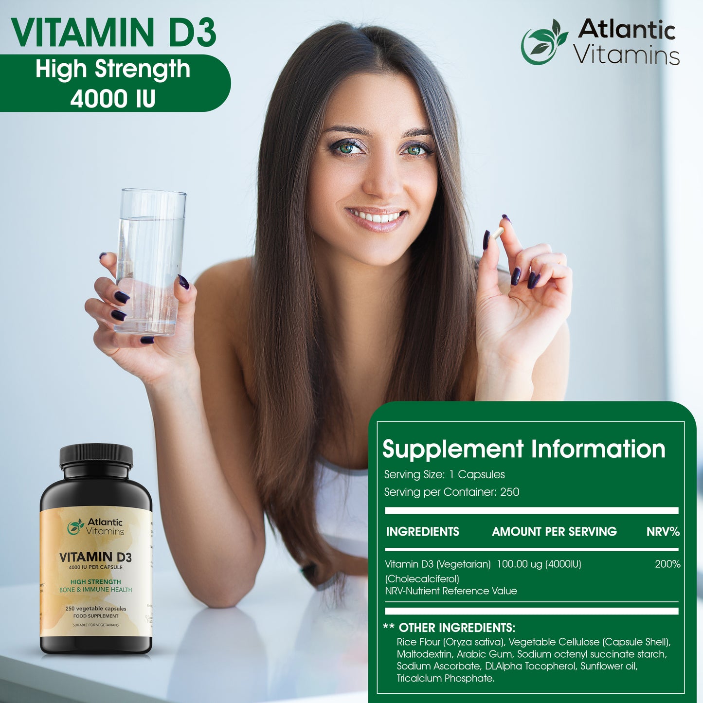 Vitamin D3 4000 IU (100 µg) - 250 Vegetable Capsules for Immune Support, and Muscle Function - Vitamin D3 Supplement to Keep Bones and Teeth Healthy - Atlantic Vitamins - UK Made