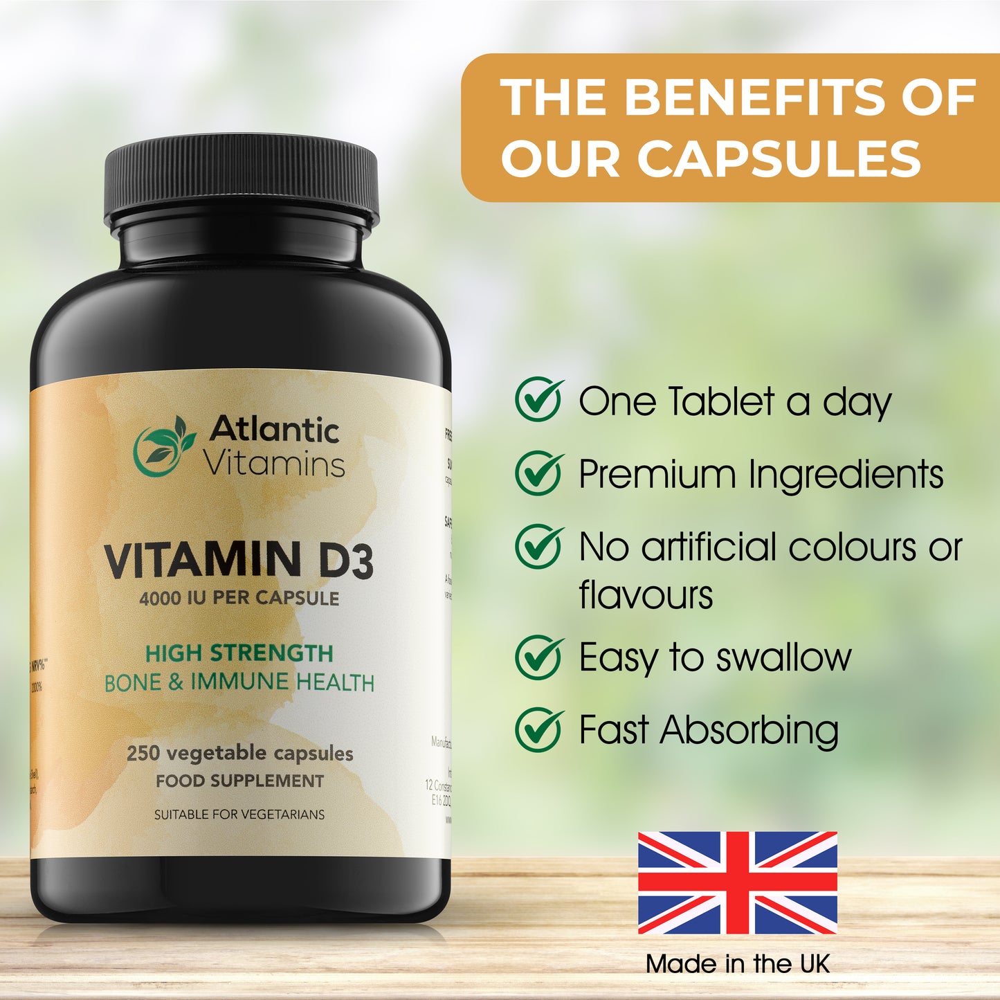 Vitamin D3 4000 IU (100 µg) - 250 Vegetable Capsules for Immune Support, and Muscle Function - Vitamin D3 Supplement to Keep Bones and Teeth Healthy - Atlantic Vitamins - UK Made