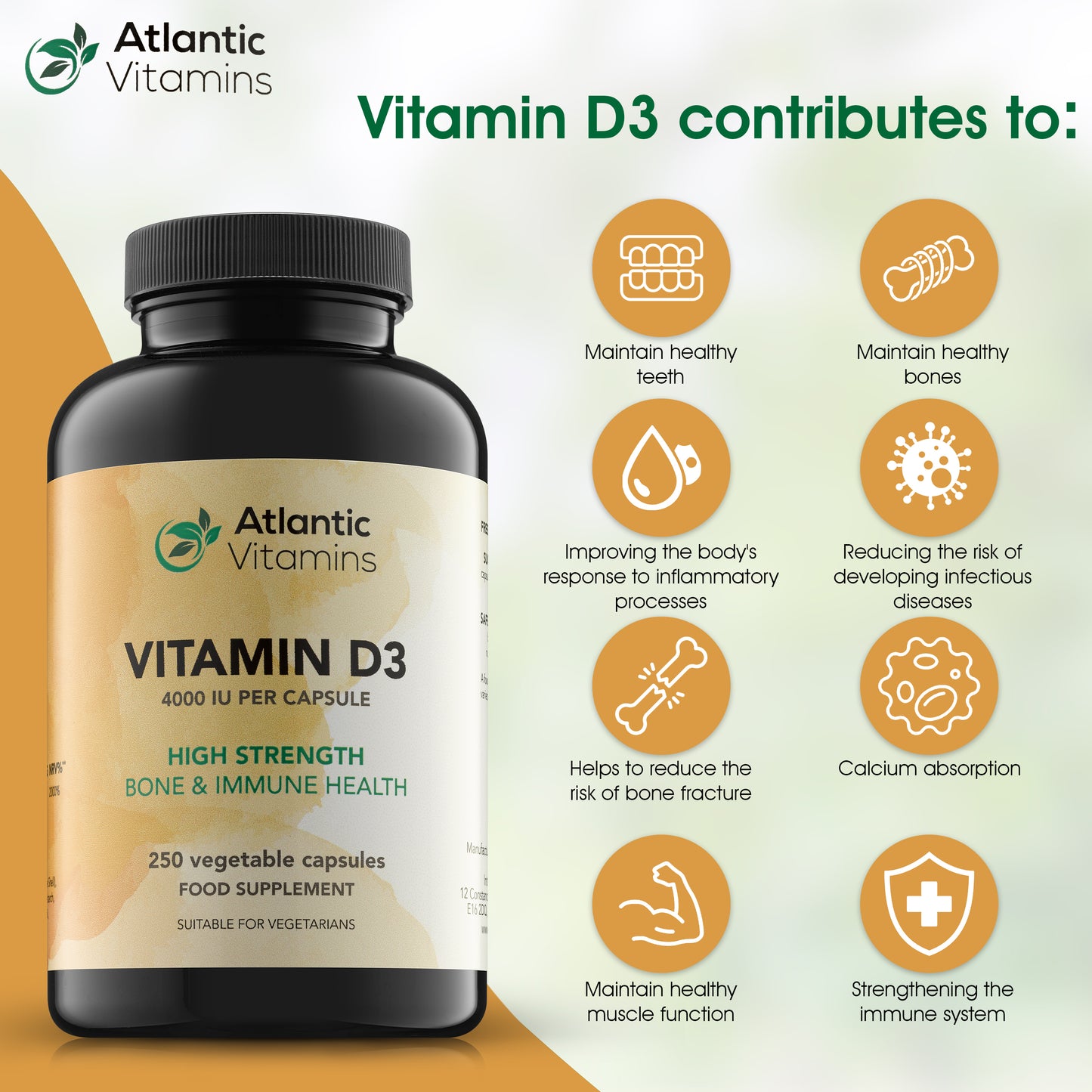 Vitamin D3 4000 IU (100 µg) - 250 Vegetable Capsules for Immune Support, and Muscle Function - Vitamin D3 Supplement to Keep Bones and Teeth Healthy - Atlantic Vitamins - UK Made