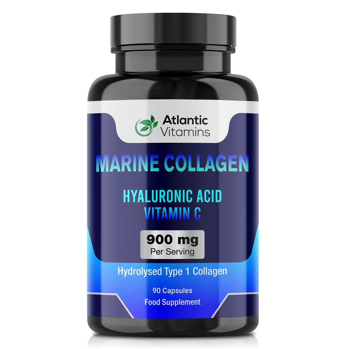 Marine Collagen 900 mg - High Strength 90 Capsules Collagen with Hyaluronic Acid and Vitamin C for Skin, Joints and Hair - Type 1 Hydrolyzed Collagen Supplements for Women & Men - Atlantic Vitamins - UK Made