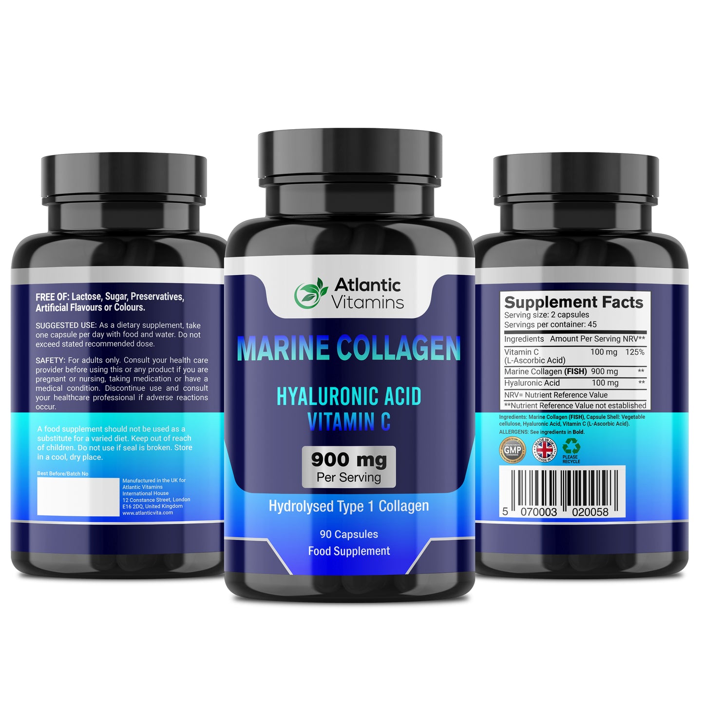 Marine Collagen 900 mg - High Strength 90 Capsules Collagen with Hyaluronic Acid and Vitamin C for Skin, Joints and Hair - Type 1 Hydrolyzed Collagen Supplements for Women & Men - Atlantic Vitamins - UK Made