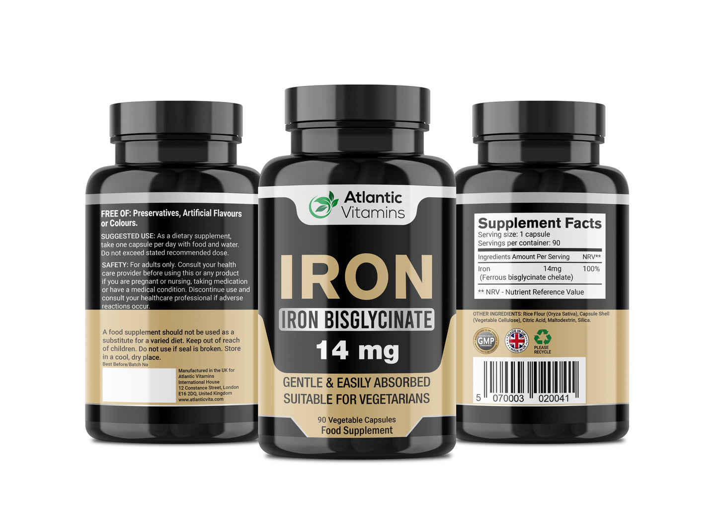 Iron Vegetarian 90 Capsules 14mg - Iron Bisglycinate - Gentle and Easily Absorbed - Supports Immune System, Improve Energy Level - Atlantic Vitamins - UK Made