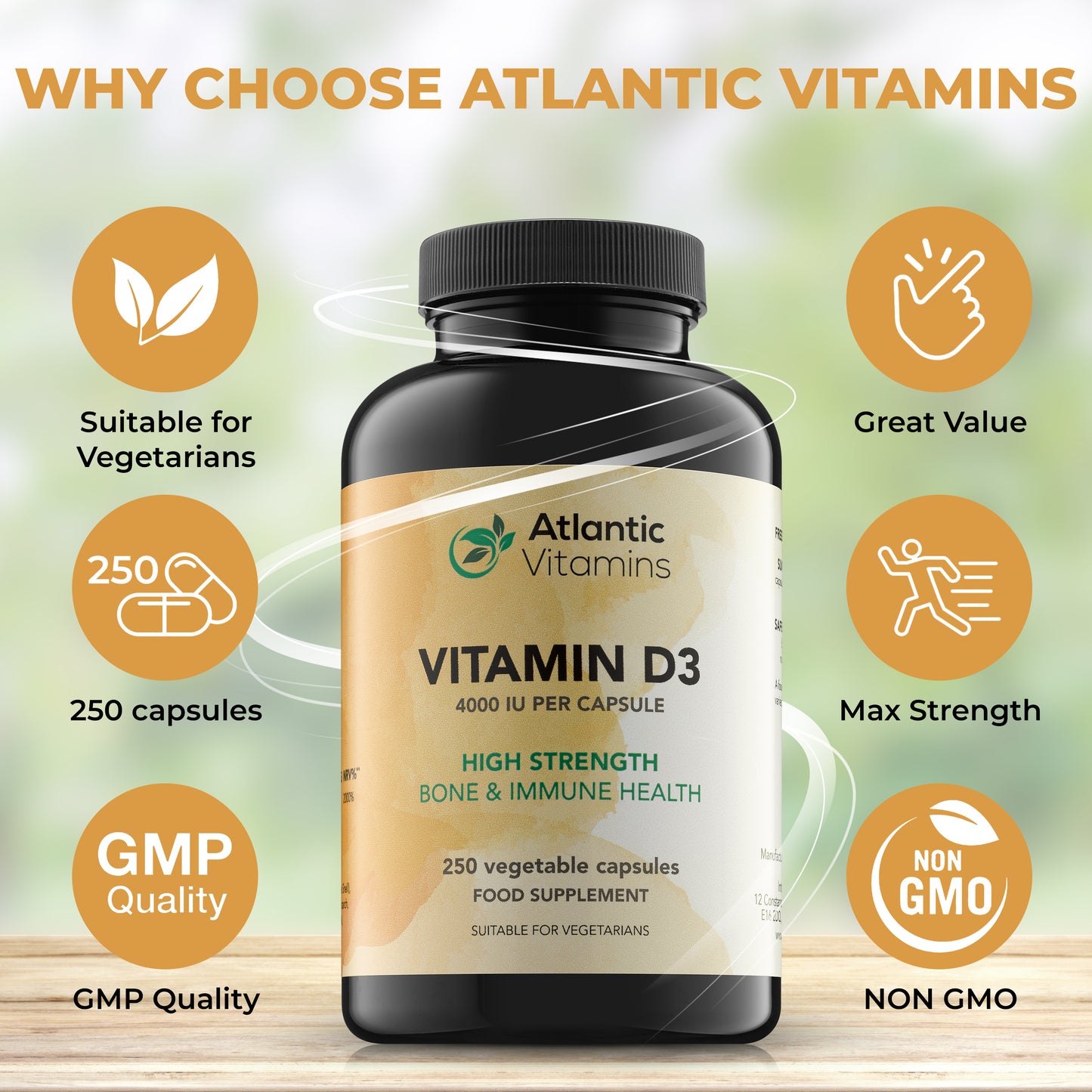 Vitamin D3 4000 IU (100 µg) - 250 Vegetable Capsules for Immune Support, and Muscle Function - Vitamin D3 Supplement to Keep Bones and Teeth Healthy - Atlantic Vitamins - UK Made